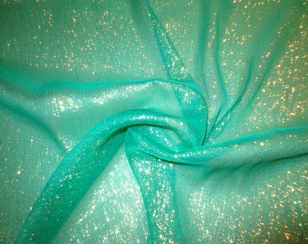 Emerald Green with Gold Metallic Silk Chiffon Fabric--By the Yard