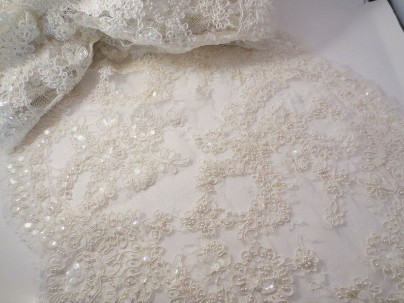 Ivory Delicate Beaded French Alencon Bridal Lace Trim 16--BY THE Yard