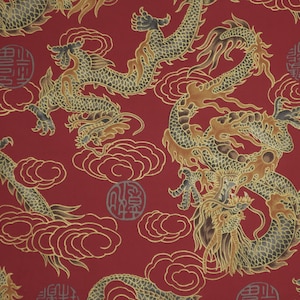 Red and Metallic Gold Chinese Dragon Print Pure Cotton Fabric from Trans Pacific--By the Yard