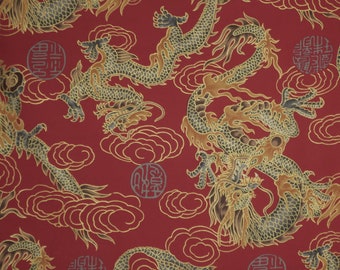 Red and Metallic Gold Chinese Dragon Print Pure Cotton Fabric from Trans Pacific--By the Yard