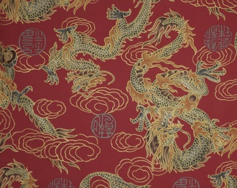 Red and Metallic Gold Chinese Dragon Print Pure Cotton Fabric--By the Yard