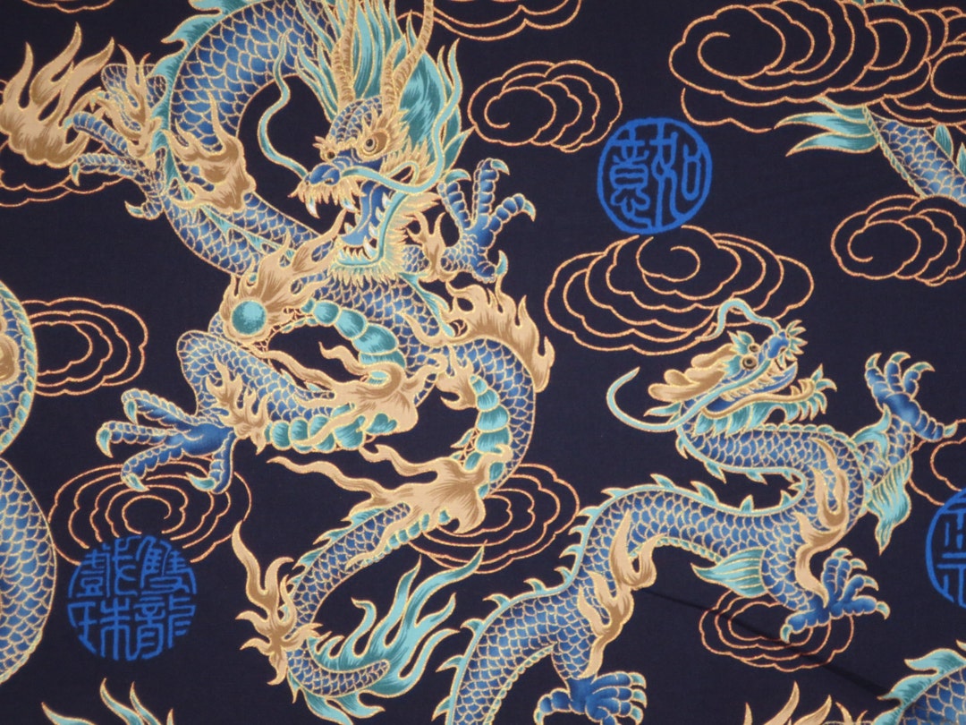 Dramatic Gold on Blue With Metallic Gold Dragon Print Pure Cotton