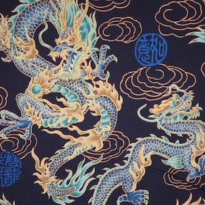 Dramatic Gold on Blue with Metallic Gold Dragon Print Pure Cotton Fabric--By the Yard