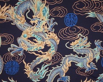 Dramatic Gold on Blue with Metallic Gold Dragon Print Pure Cotton Fabric--By the Yard
