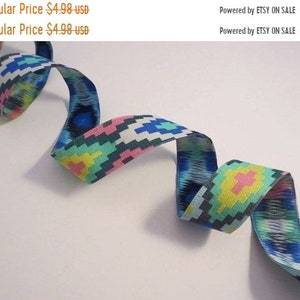 Blue Green and Pink Spirit Weave Pattern Polyester Jacquard Ribbon 7/8&quot;--By the Yard