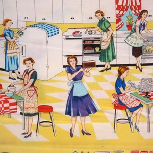 May include: A vintage illustration of five women in a kitchen preparing food. The women are wearing aprons and dresses. The kitchen features a stove, refrigerator, and a checkered floor.