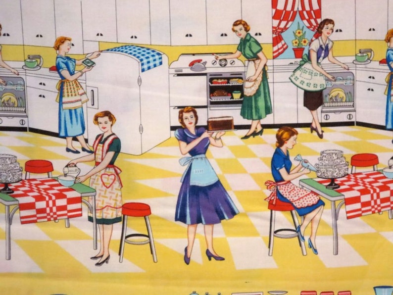 May include: A vintage illustration of five women in a kitchen preparing food. The women are wearing aprons and dresses. The kitchen features a stove, refrigerator, and a checkered floor.