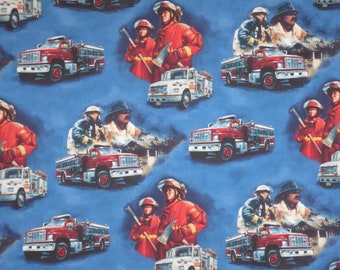 Red on Blue Hold the Line Firemen Vignette Print Pure Cotton Fabric from Windham--By the Yard