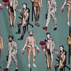 May include: A repeating pattern of zombie men in various poses, wearing different outfits, and holding items like flowers, brains, and apples. The background is a muted green color.