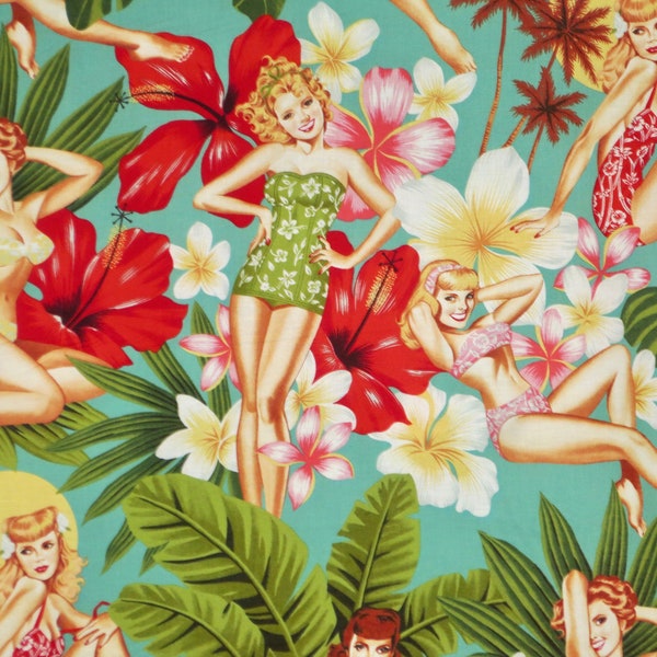 Colorful and Sexy Island Girls Pinup Style Print on Turquoise from Alexander Henry--By the Yard