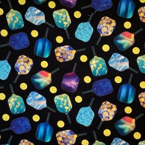 Bright and Colorful Pickleball Paddle and Ball Print on Black Pure Cotton Fabric from Elizabeths Studio--By the Yard