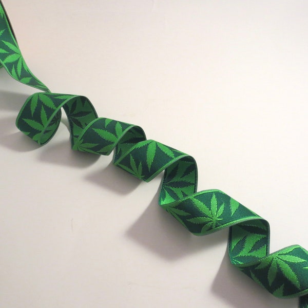 Cannabis Leaf Design Green on Green 7/8" Polyester Jacquard Ribbon from Renaissance Ribbons--By the Yard