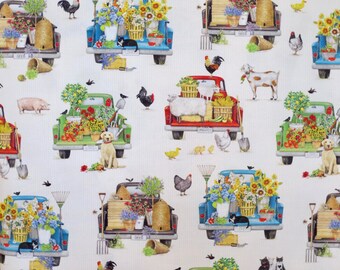 Charming Down on the Farm Veggie Loaded Pickup Trucks Print Pure Cotton Fabric from Robert Kaufman-By the Yard