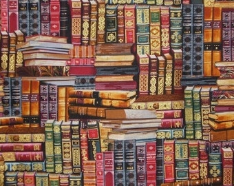 Library Books Print in Reds with Metallic Gold Pure Cotton Fabric from Timeless Treasures--By the Yard