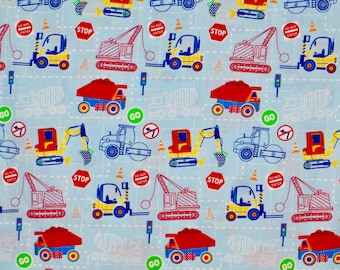 Cheerful Primary Colors on Light Blue Kids' Construction Vehicles Print Pure Cotton Fabric--By the Yard