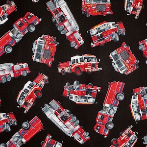 Tossed Fire Engine Trucks Print Pure Cotton Fabric from Timeless Treasures--By the Yard
