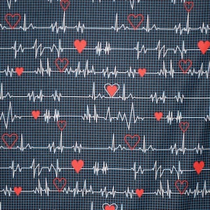 Clever EKG Heart Beat Medical Print on Black Pure Cotton Fabric--By the Yard