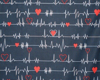 Clever EKG Heart Beat Medical Print on Black Pure Cotton Fabric--By the Yard