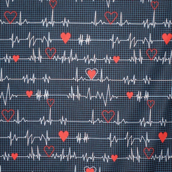Clever EKG Heart Beat Medical Print on Black Pure Cotton Fabric--By the Yard