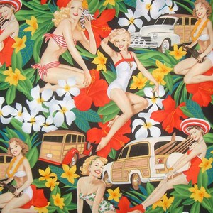 Aloha Girls Vintage Style Print Cotton Fabric from Alexander Henry--BLACK--By the Yard