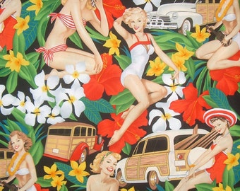 Aloha Girls Vintage Style Print Cotton Fabric from Alexander Henry--BLACK--By the Yard