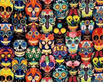 Colorful Day of the Dead Skulls Digital Print Pure Cotton Fabric from Timeless Treasures --by the Yard
