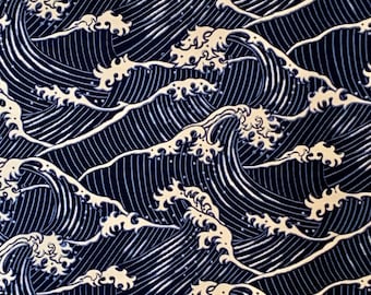 Fabulous Indigo Blue and Ivory The Great Wave Print Pure Cotton Fabric from Alexander Henry--By the Yard