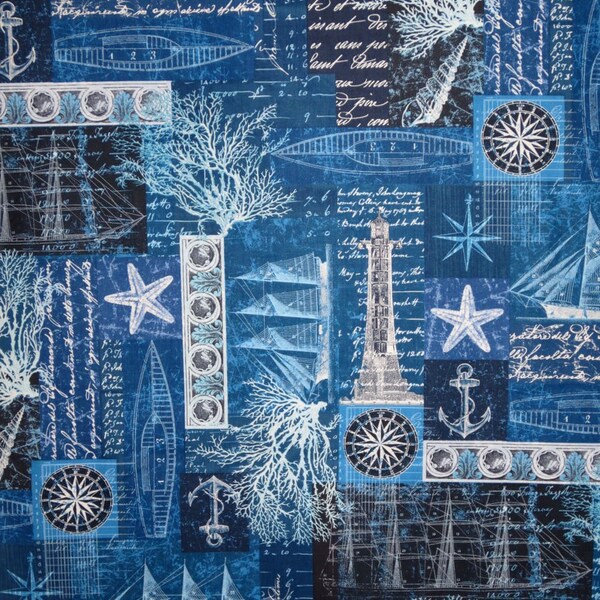 Navy Blue Nautical Collage Print Pure Cotton Fabric--One Yard