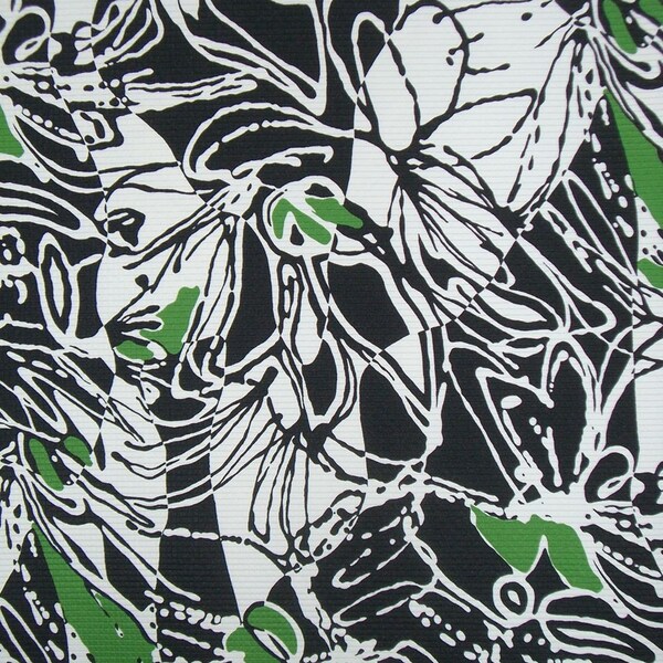 REMNANT--Black Ivory and Green Abstract Print  Microfiber Ottoman Fabric--1&1/8 Yard