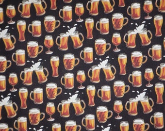 Clever Cheers Small Beer Glasses and Mugs Print on Black Pure Cotton Fabric--By the Yard