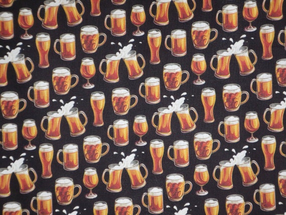 Clever Cheers Small Beer Glasses and Mugs Print on Black Pure Cotton  Fabric--By the Yard