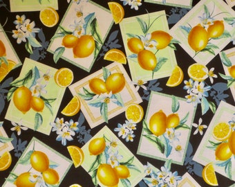 Cheerful Lemon  Toss Patchwork Print on Black Pure Cotton Fabric from Benartex--By the Yard