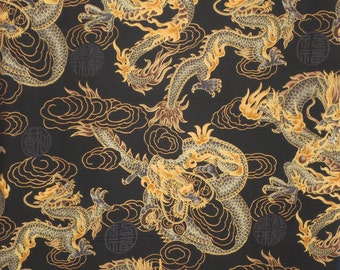 Dramatic Gold on Black with Metallic Gold Dragon Print Pure Cotton Fabric from Trans Pacific--By the Yard