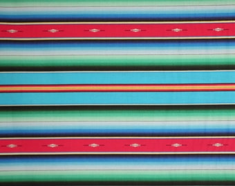 Colorful and Vibrant Turquoise and Red Fiesta Serape Stripe II Print Pure Cotton Fabric--By the Yard