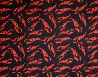 Small Bright Red Tossed Lobsters on Black Print Pure Cotton Fabric--By the Yard