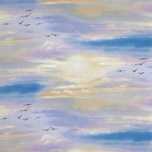 Lovely Muted Sunset Sky with Birds Print Pure Cotton Fabric from Elizabeth&#39;s Studio--By the Yard