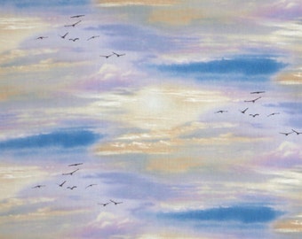 Lovely Muted Sunset Sky with Birds Print Pure Cotton Fabric from Elizabeth's Studio--By the Yard