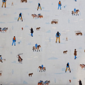 Miniature Watercolor Style High Noon Cowboy Print on Blue Pure Cotton Fabric from Dear Stella--By the Yard