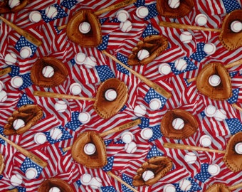 Baseballs Bats and Gloves with American Flags Print Pure Cotton Fabric from Elizabeth's Studio--By the Yard