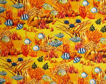 Stunning Orange and Yellow Coral Canyon Turkish Sea Undersea Print Pure Cotton Fabric from Robert Kaufman--By the Yard