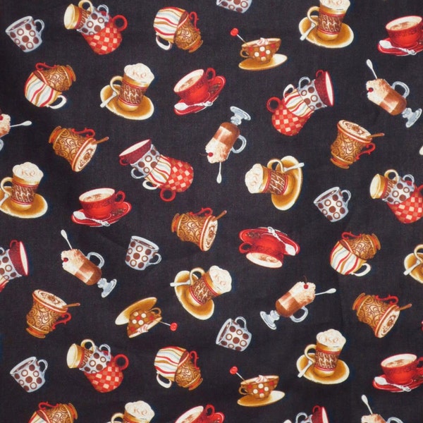 REMNANT--Tossed Coffee Cups on Black Print Pure Cotton Fabric--1/2 Yard