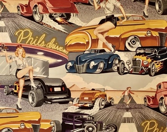 Retro Phils Drive-in Print in Tea Pure Cotton Fabric from Alexander Henry-By the Yard
