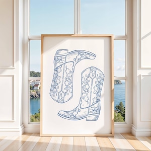Blue Cowboy Boot Wall Art Print | Coastal Cowgirl Dorm Decor | Western Girly Aesthetic | Digital Download Printable Artwork