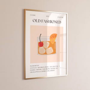 Old Fashioned Cocktail Print – Classic Whiskey Bar Cart Art for College Apartment or Dorm, Vintage-Inspired Drink Poster