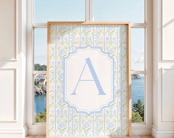 Custom Grandmillennial Initial Print – Pink, Green & Blue Floral Letter Art – Girly Monogram Wall Decor, cute Dorm, Nursery, Bedroom decor