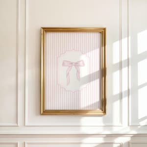 Pink Bow Wall Art, Feminine Striped Printable, Girly Aesthetic Decor, Preppy Digital Download, Blush Pink Ribbon Art, Cute Dorm Print