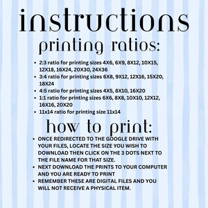 Op de afbeelding: Een digitale print met instructies en afdrukverhoudingen. De tekst bevat verhoudingen voor verschillende afdrukformaten, zoals 10x15 cm, 15x23 cm en 20x30 cm. Het biedt ook instructies over het downloaden en afdrukken van de digitale bestanden.