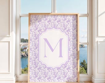 Custom Purple Floral Initial Print – Personalized Bedroom, Nursery, or Dorm Wall Art – Cute & Girly Name Letter Artwork