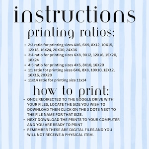 Op de afbeelding: Een digitale print met instructies en afdrukverhoudingen. De tekst bevat verhoudingen voor verschillende afdrukformaten, zoals 10x15 cm, 15x23 cm en 20x30 cm. Het geeft ook instructies over het downloaden en afdrukken van de digitale bestanden.