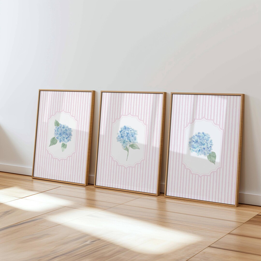 Hydrangea Print Set of 3: Pink & Blue Floral Watercolor Art (digital ...